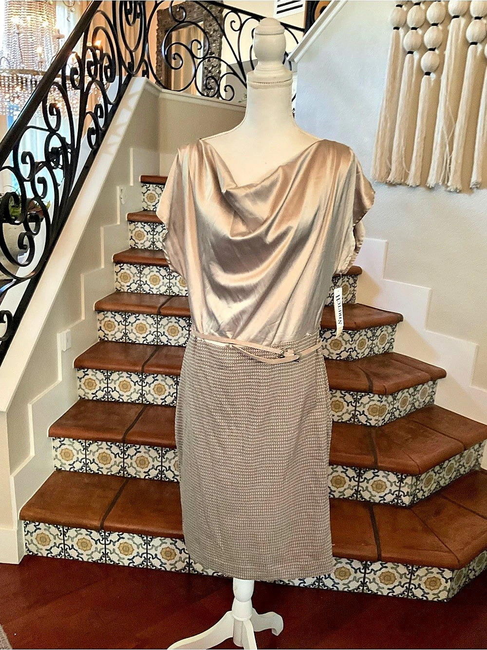 Sharagano Cowl Neck Mini Dress Beige Size 12 NWT
